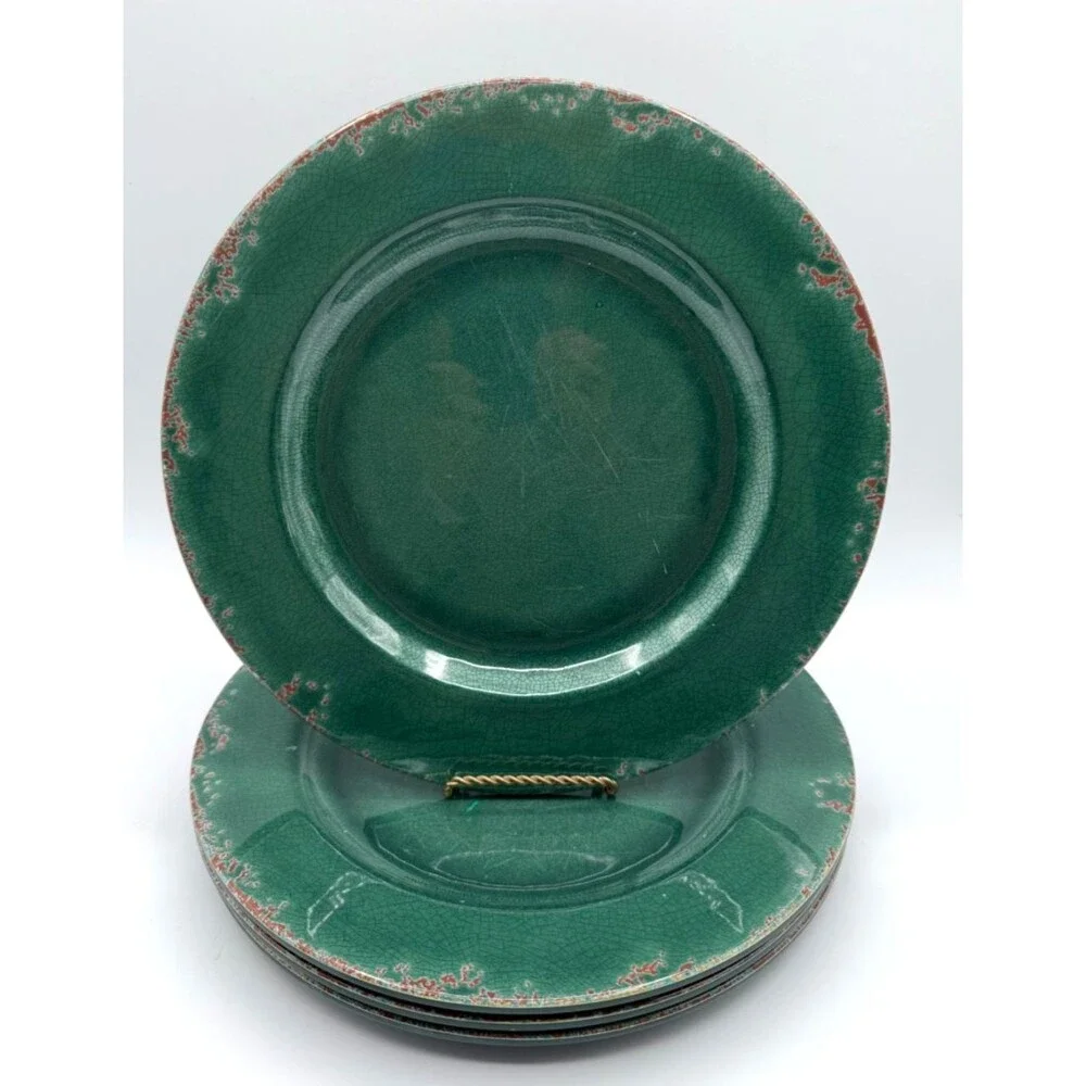 Williams-Sonoma Rustic Green Crackle Melamine Dinner Plates Set of 3 HTF Color